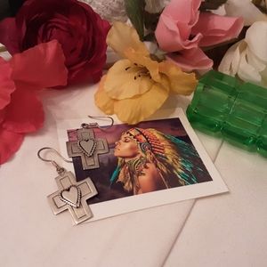 VINTAGE 925 SOLID STERLING CROSS/HEART FRENCH WIRE EARRINGS